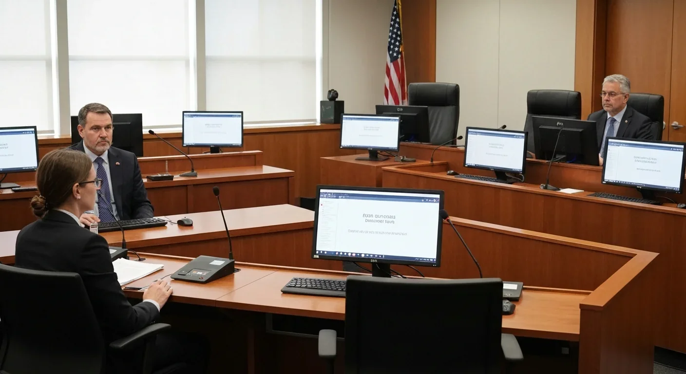 Modern courtroom equipped with digital technology and computer monitors