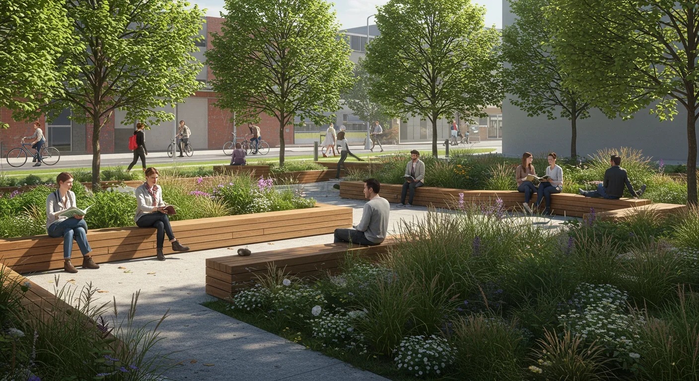 Diverse residents gathered in small urban park with greenery and seating fostering community connection