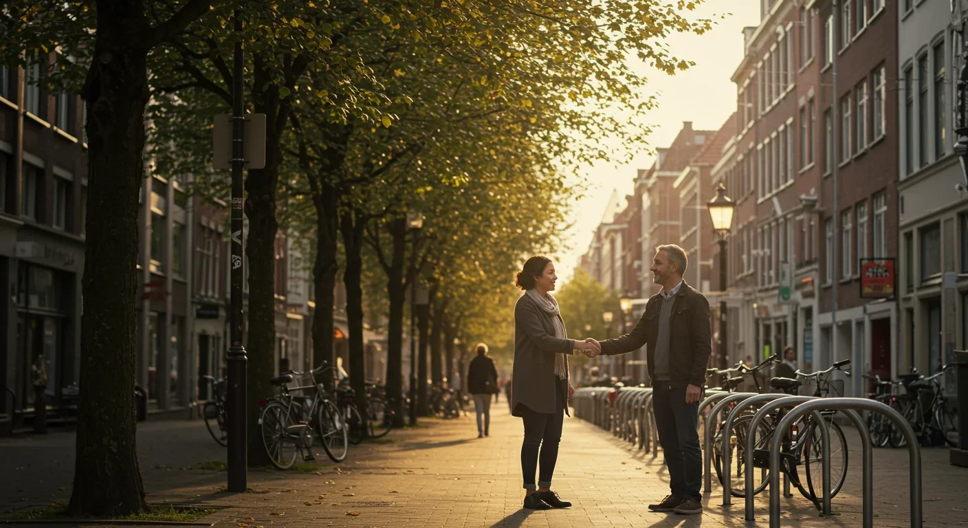 Two neighbors meeting on walkable pedestrian street with cafés and trees fostering spontaneous connection