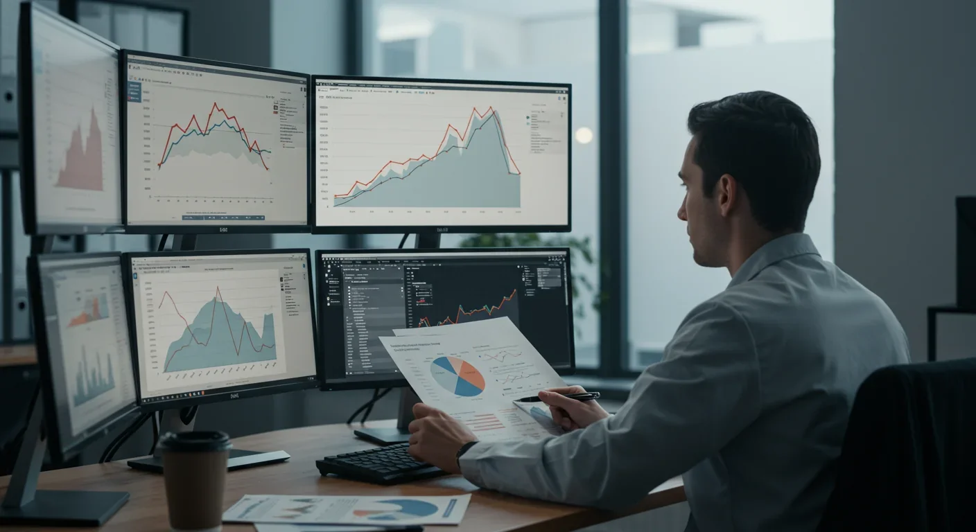 Researcher examining crime statistics on computer screens displaying downward violence trend graphs and data visualizations