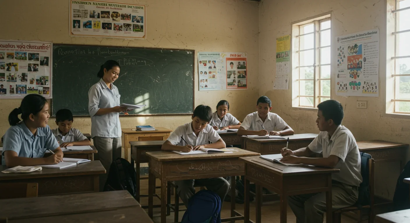 Diverse students engaged in peaceful classroom learning in developing country, illustrating education's role in reducing violence