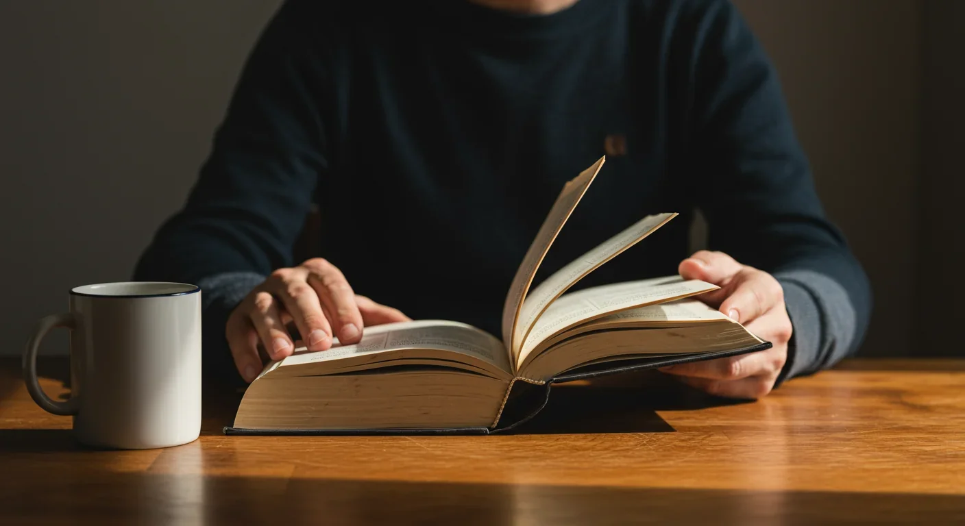 Adult reading a book at a desk with morning light