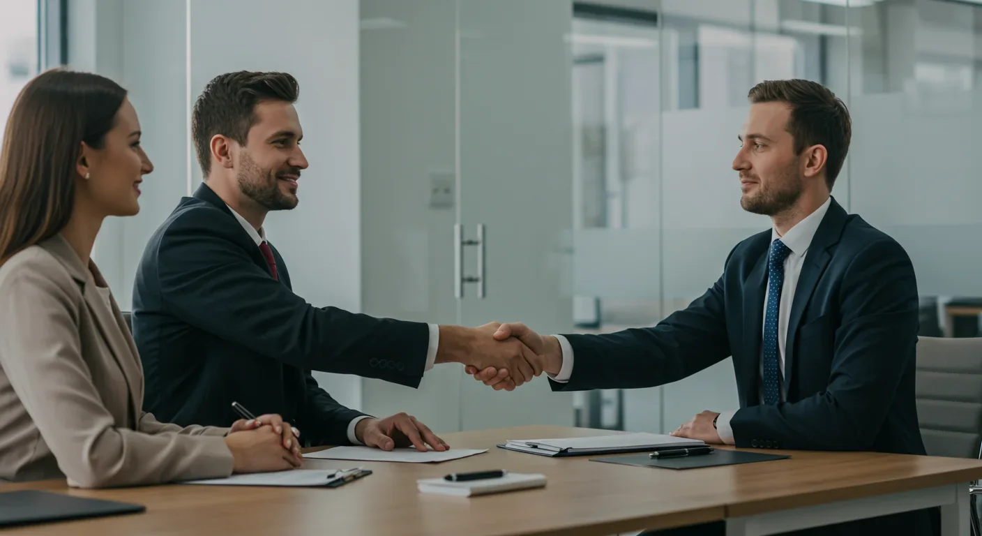 Professional job interview handshake in modern office setting