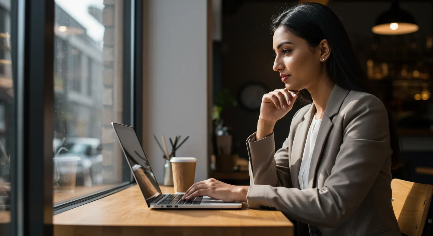 Young professional woman working on laptop in coffee shop