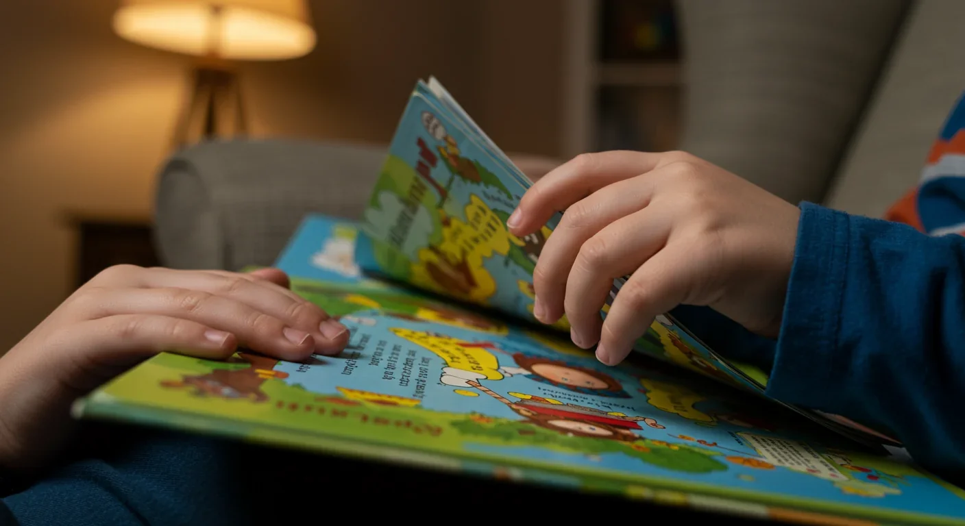 Child's hands turning pages of an illustrated children's book