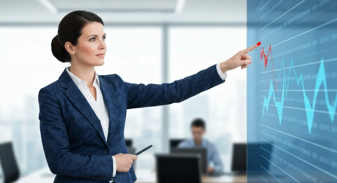 Businesswoman highlighting distinctive red data point among blue ones in presentation