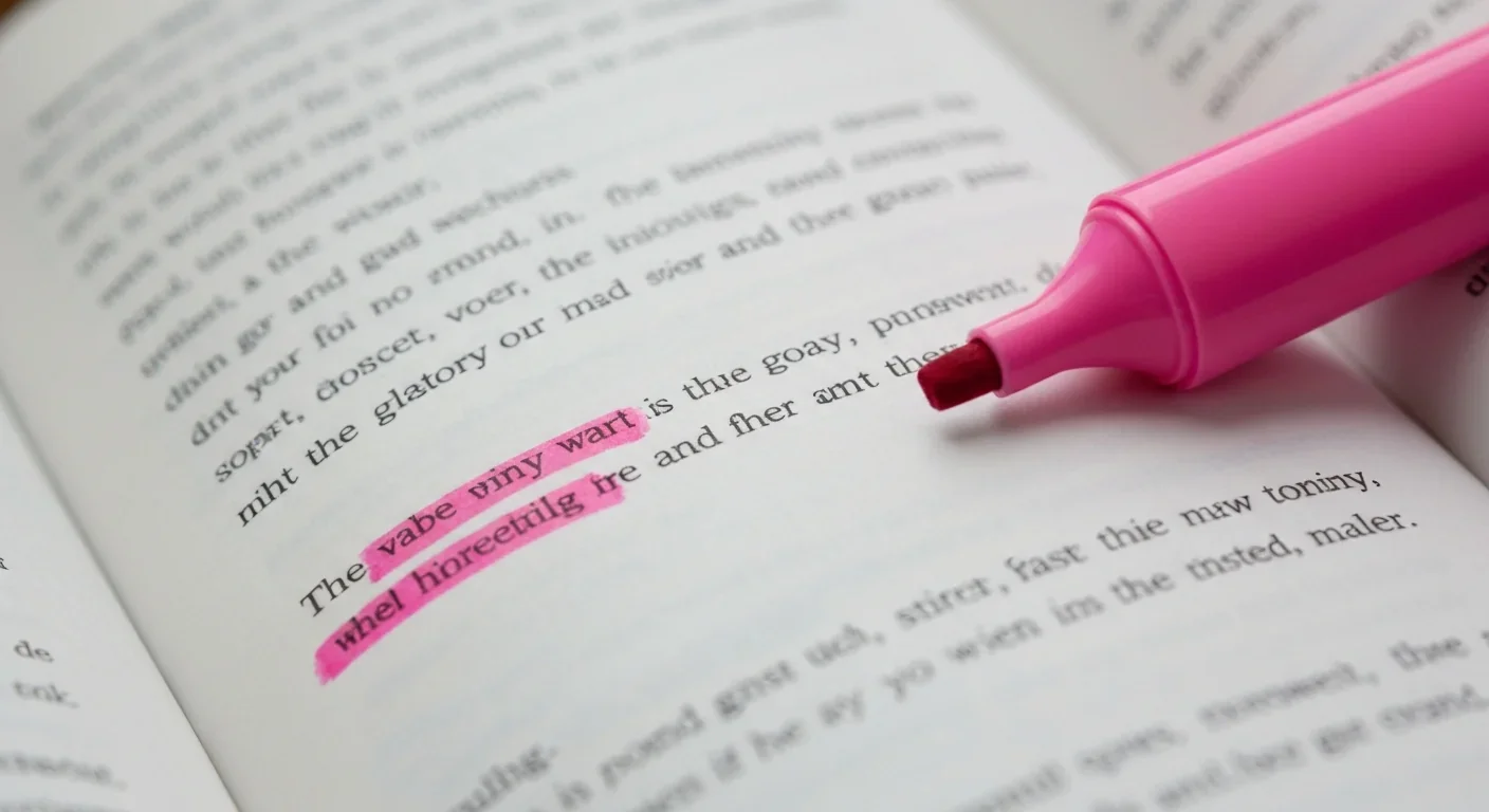 Student textbook with single sentence highlighted in pink demonstrating selective emphasis for memory
