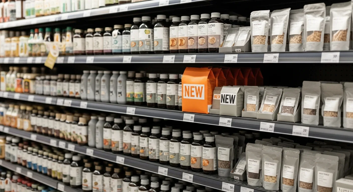 Grocery shelf showing one product with bright orange label standing out among uniform packages