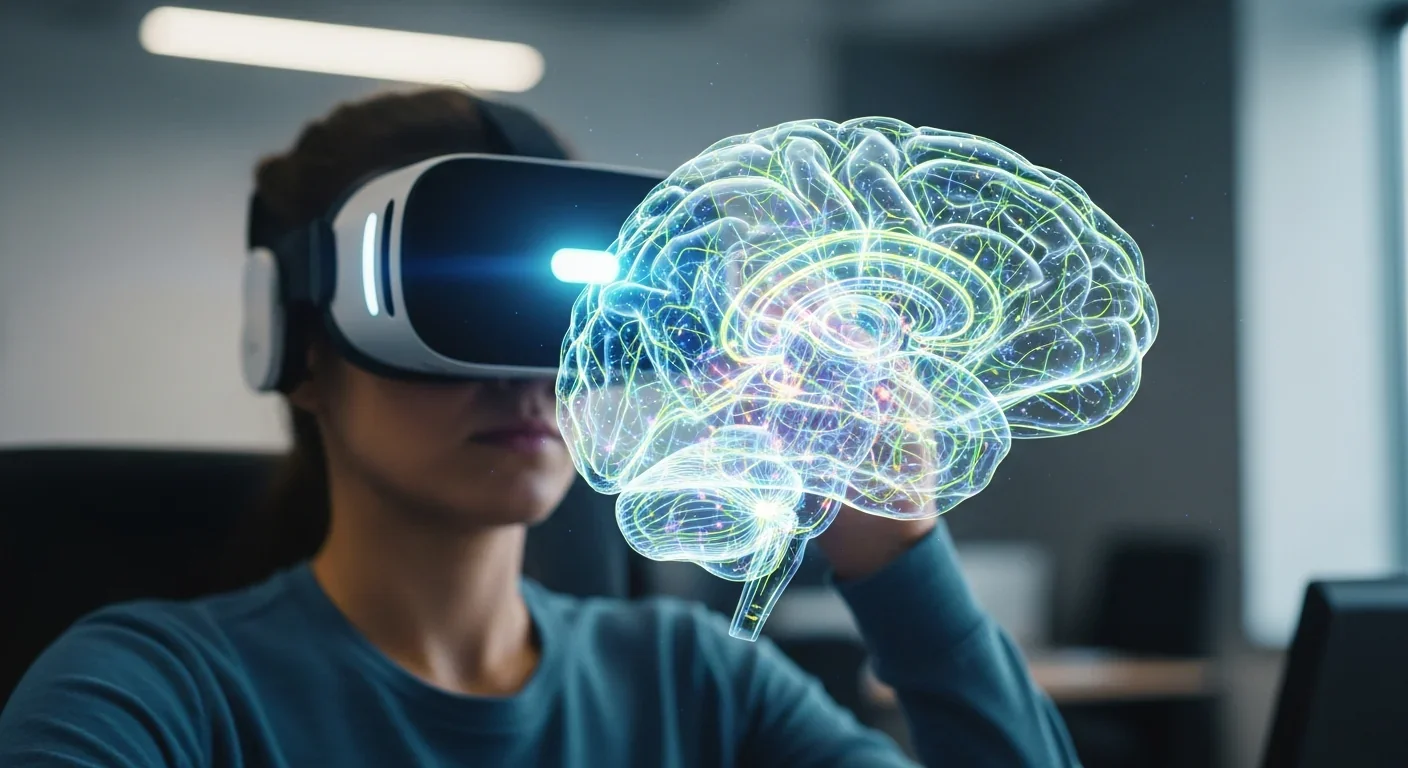 Person using VR headset with holographic brain visualization showing highlighted neural pathways