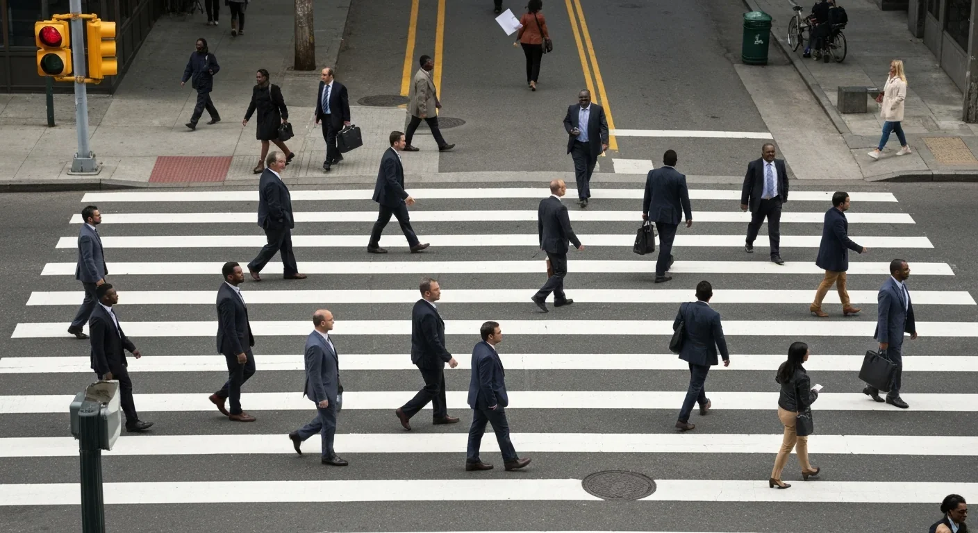 Aerial view of adults crossing a busy urban crosswalk showing social diversity