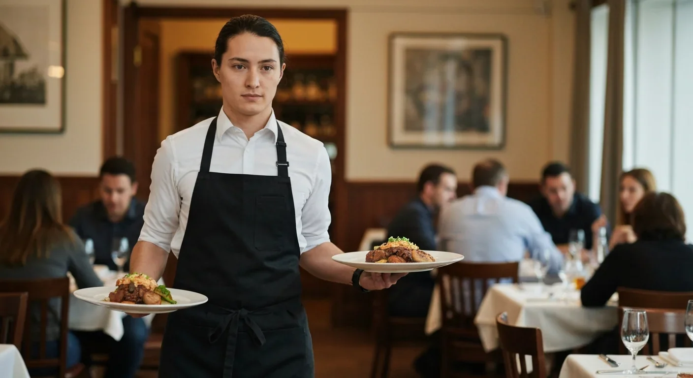 Adult restaurant server carrying plates through a warmly lit dining room
