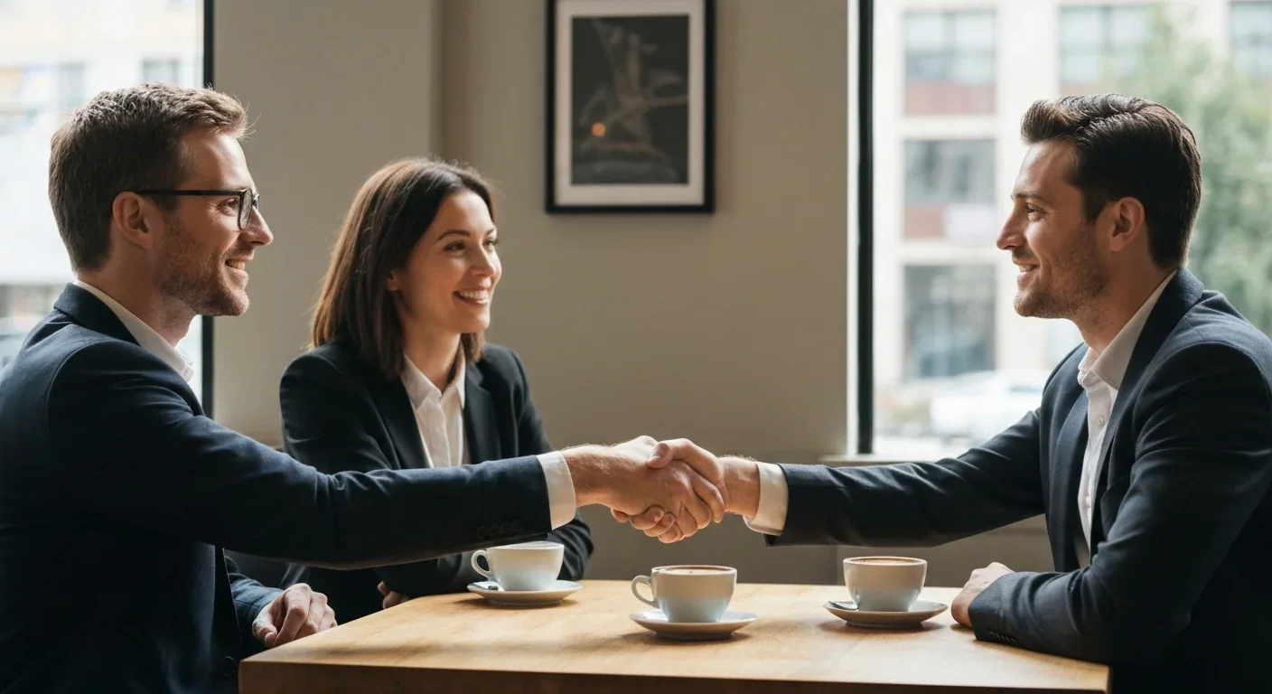 Two adults shaking hands warmly across a cafe table with coffee