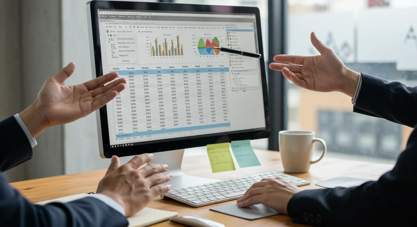Colleague explaining spreadsheet software to coworker at desk, illustrating knowledge transfer in workplace