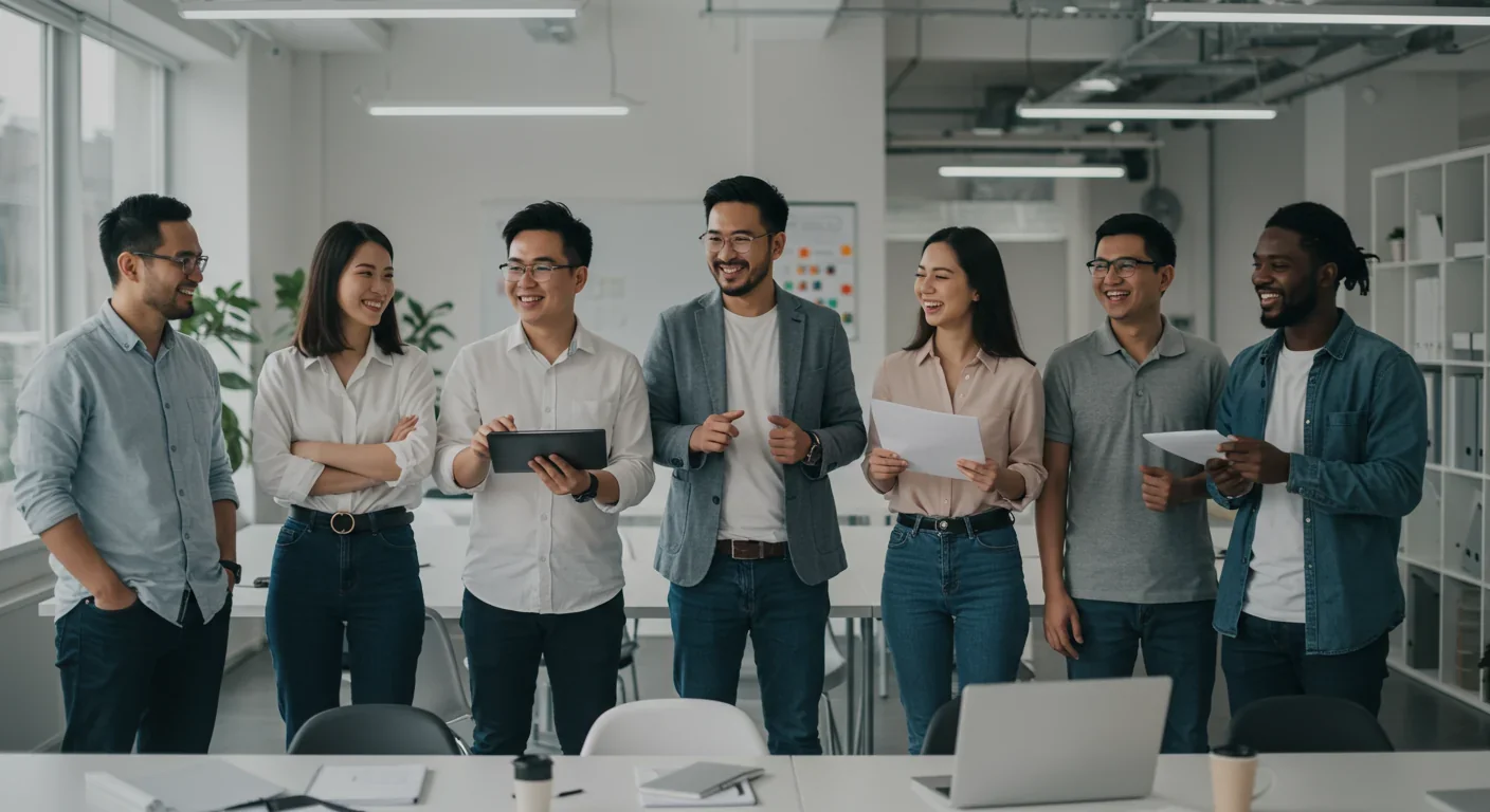 Diverse professional team engaged in positive collaborative discussion in modern office environment