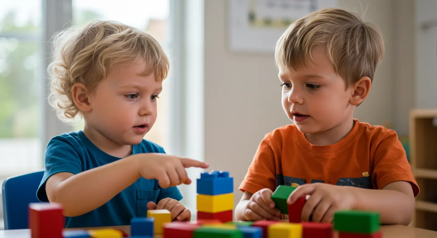 Two preschool children demonstrating joint attention while playing with blocks together