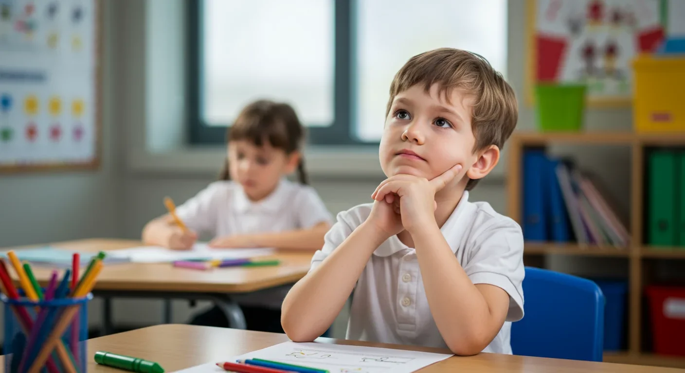 School-age child in thoughtful pose demonstrating developing cognitive abilities