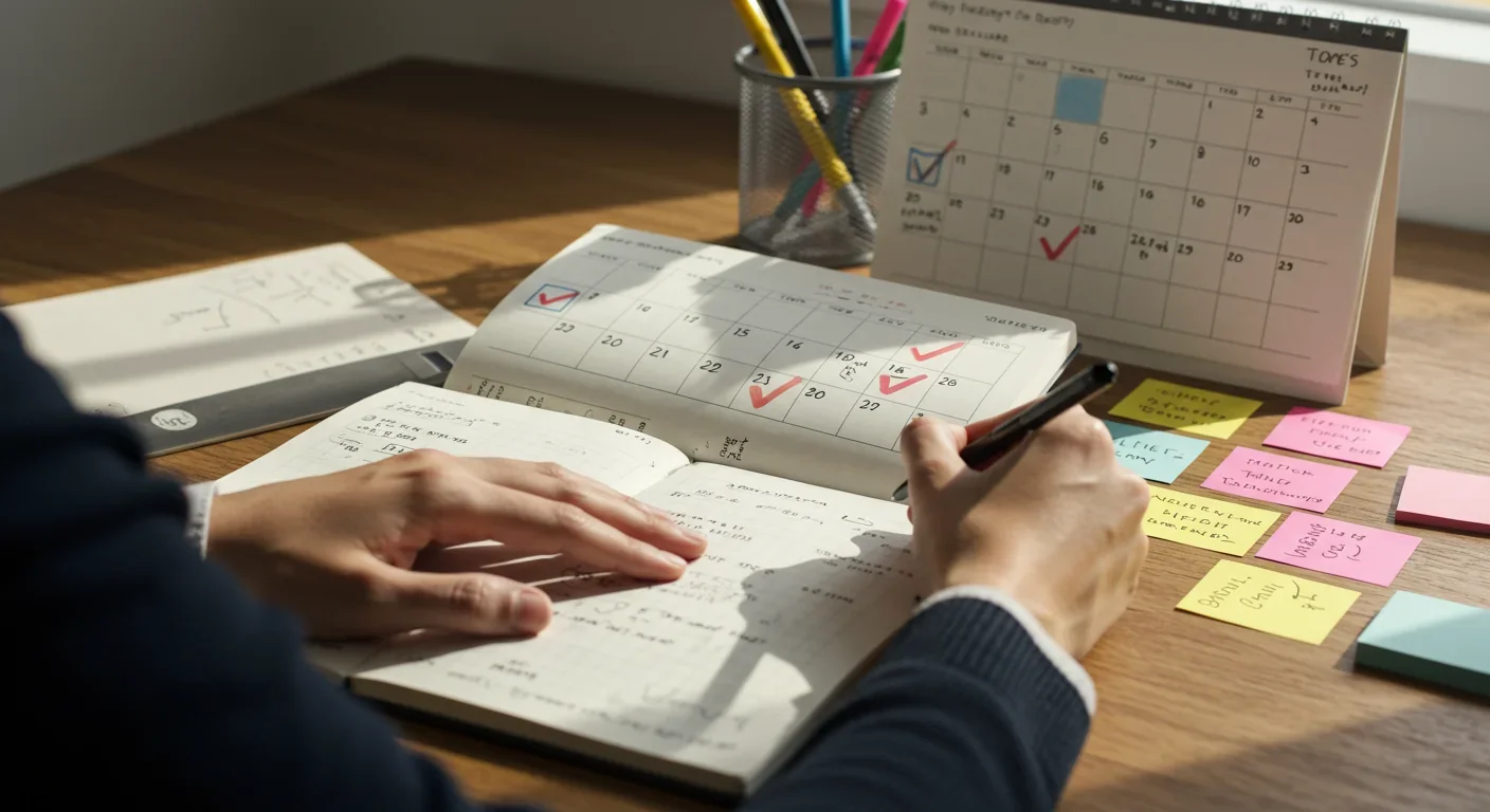 Hands writing in study journal with weekly calendar showing spaced review sessions