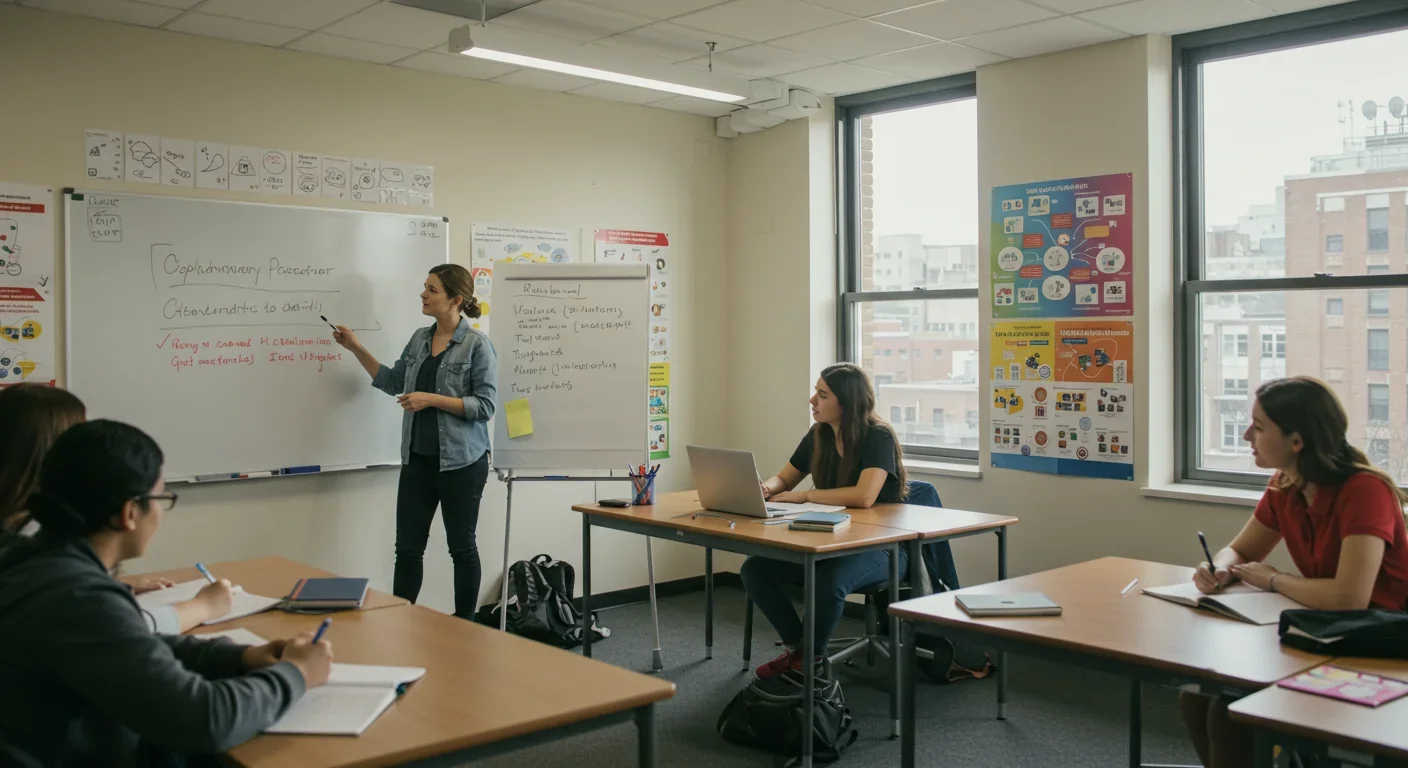 Teacher leading review session in bright modern classroom with engaged students