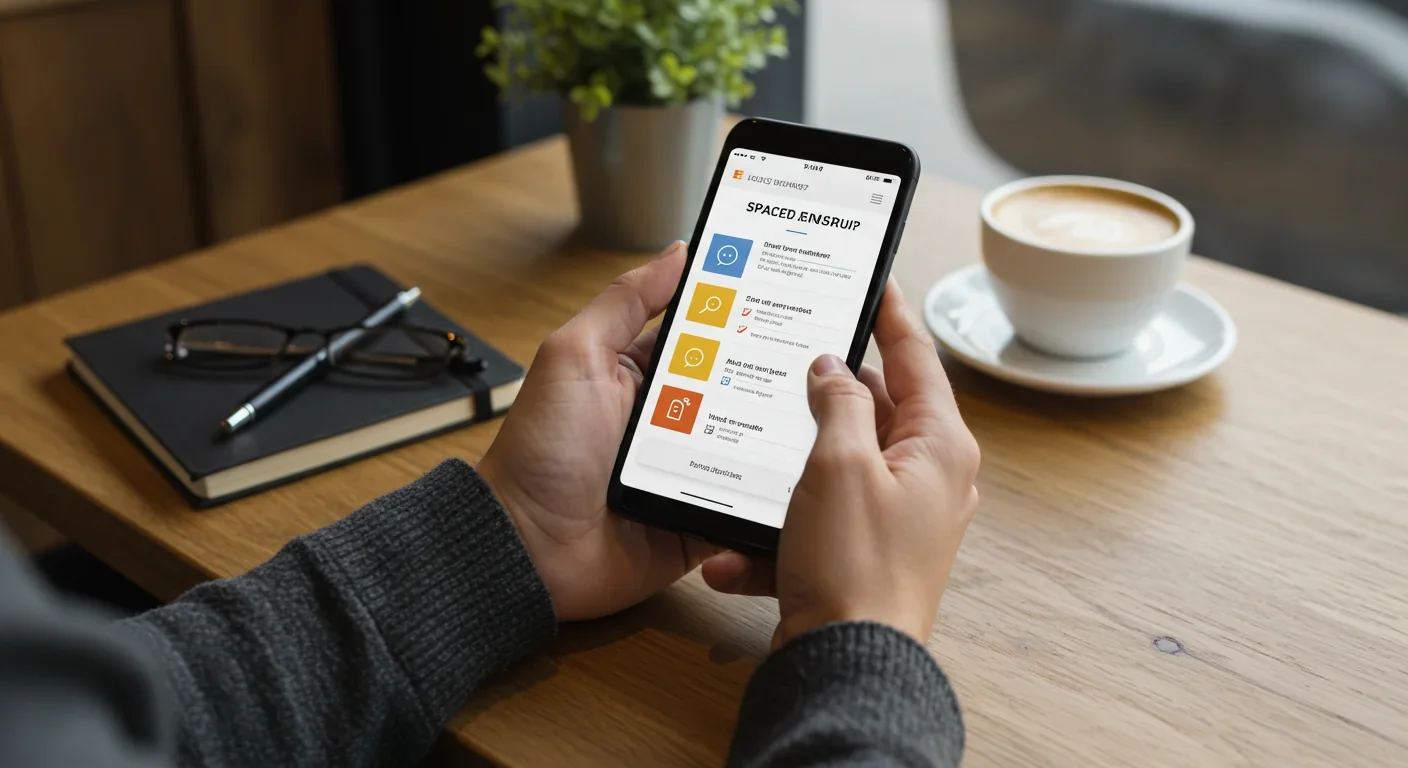Person using smartphone flashcard app for spaced repetition study sessions