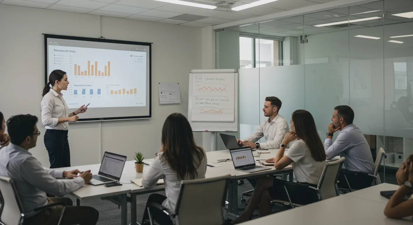 Professional training session in modern corporate environment with retention statistics on screen