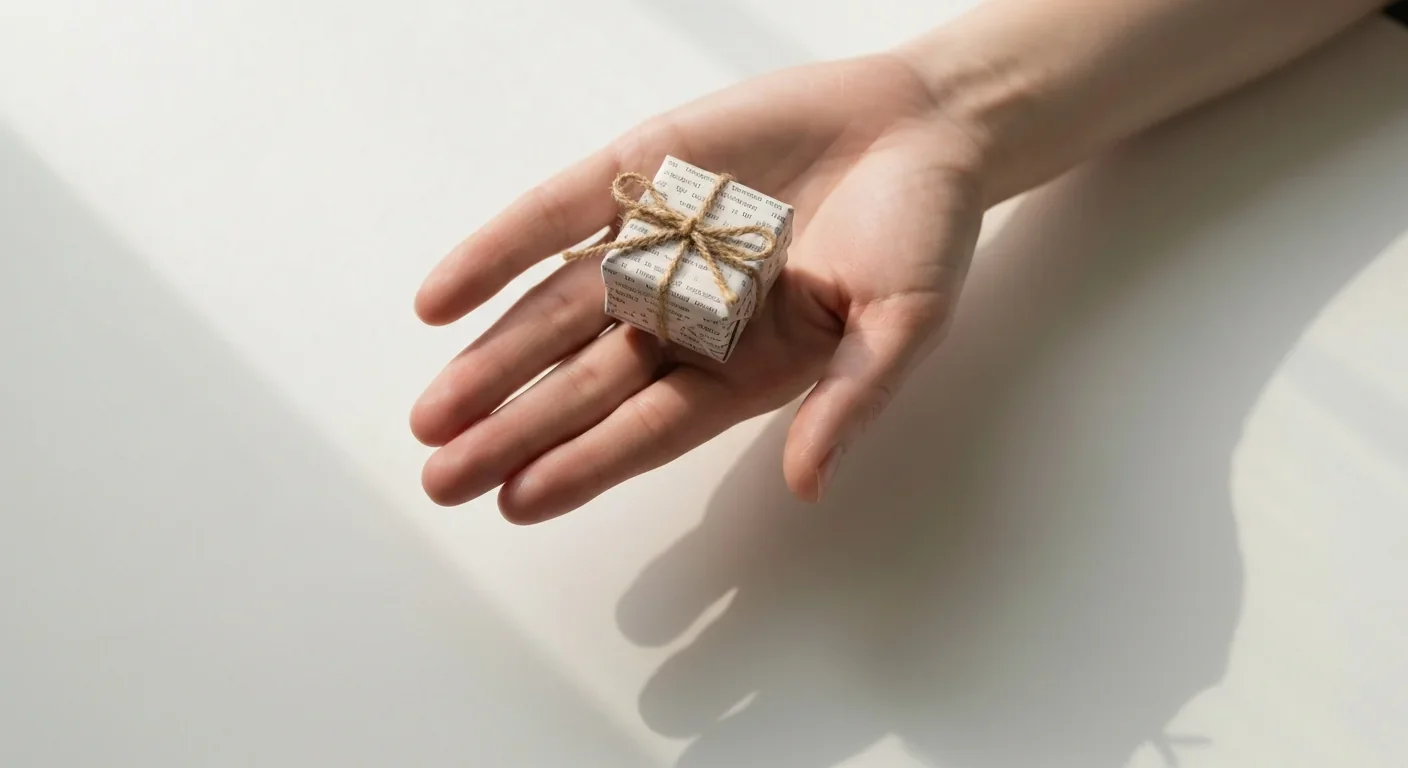 Adult hand offering a small wrapped gift box on a white surface with soft natural lighting