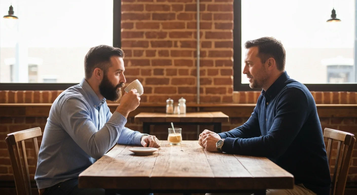 Two adults at a cafe table with one offering a coffee cup to the other in warm lighting