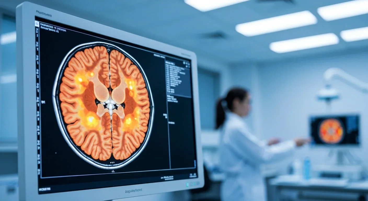 Colorful fMRI brain scan on a medical monitor showing neural activation patterns