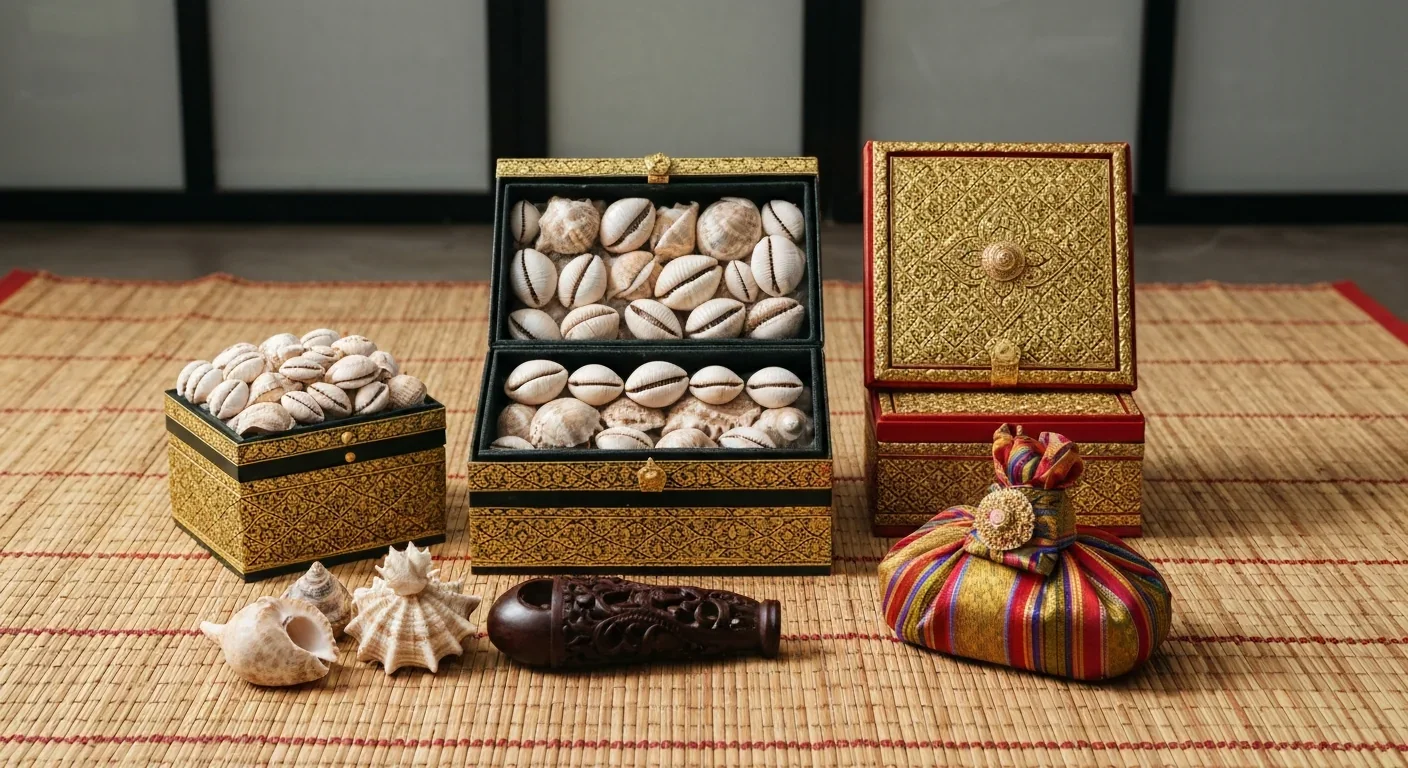 Traditional ceremonial gift objects including shells and carved items on a woven mat