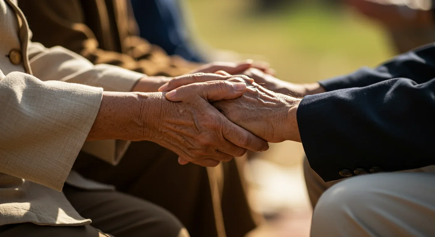 Two people clasping hands during religious ceremony showing community bonds and mutual support
