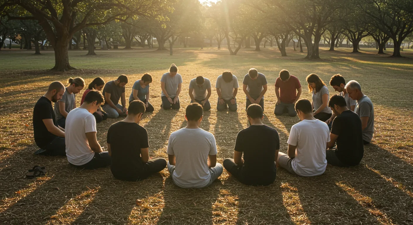 Diverse religious community gathered in prayer circle demonstrating collective ritual practice