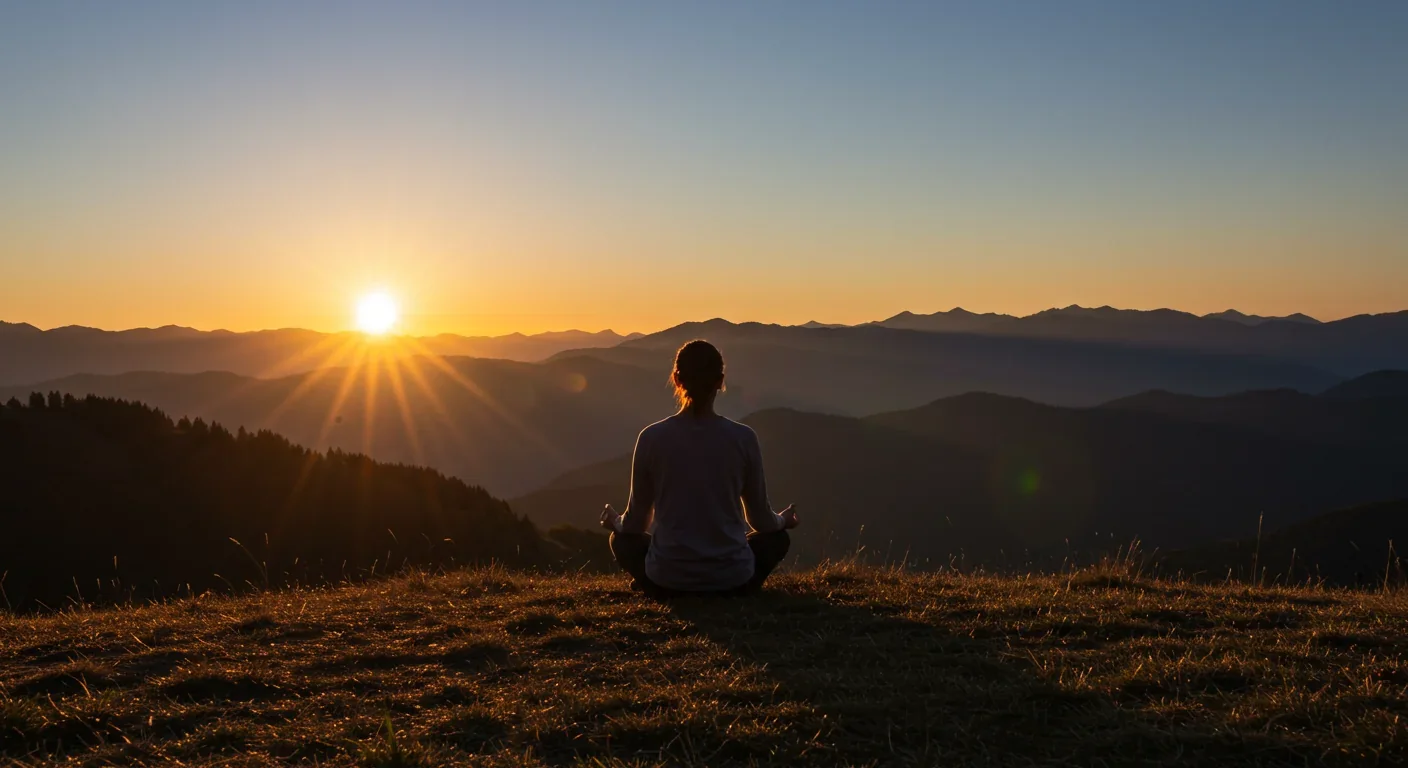 Individual practicing solitary morning meditation ritual facing sunrise over mountain landscape