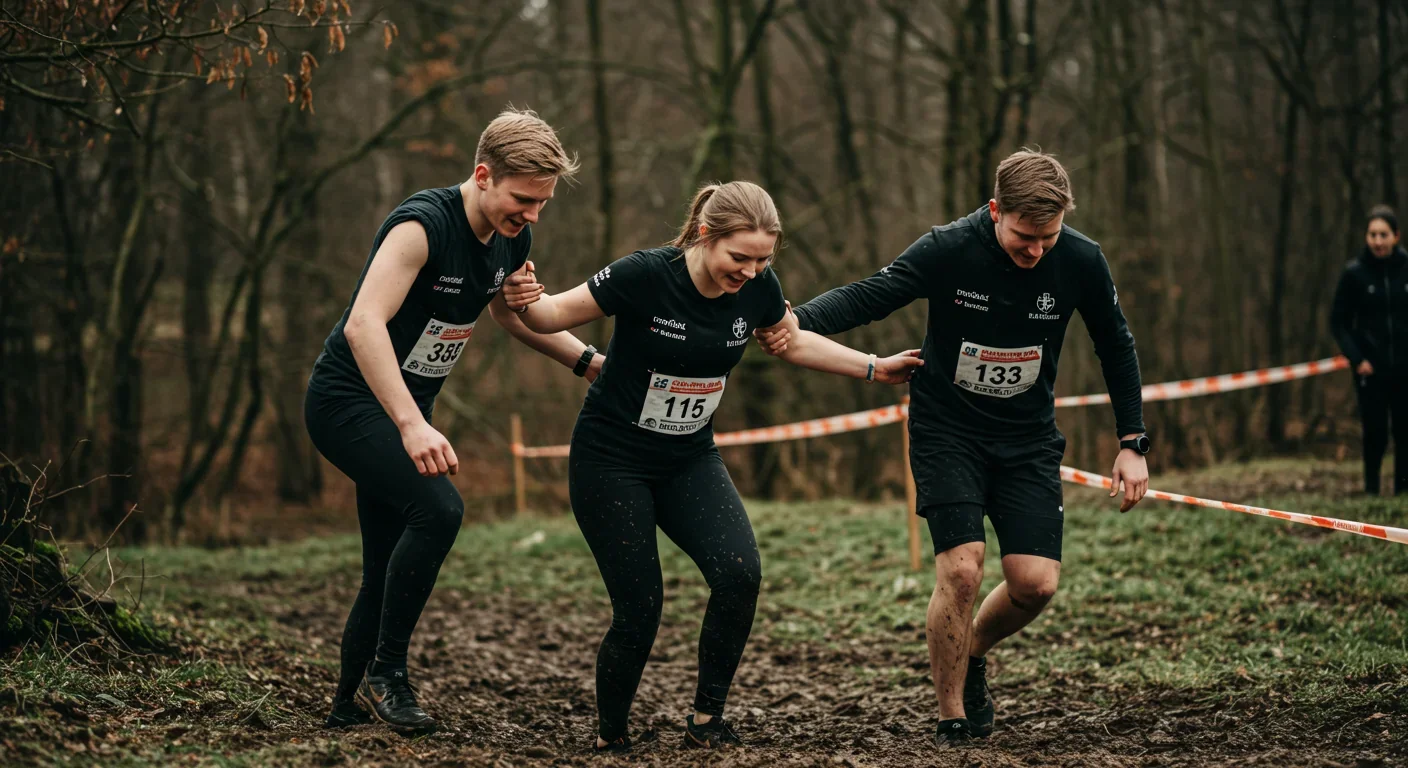 Group completing physical endurance challenge together showing modern secular alternative to traditional religious rituals