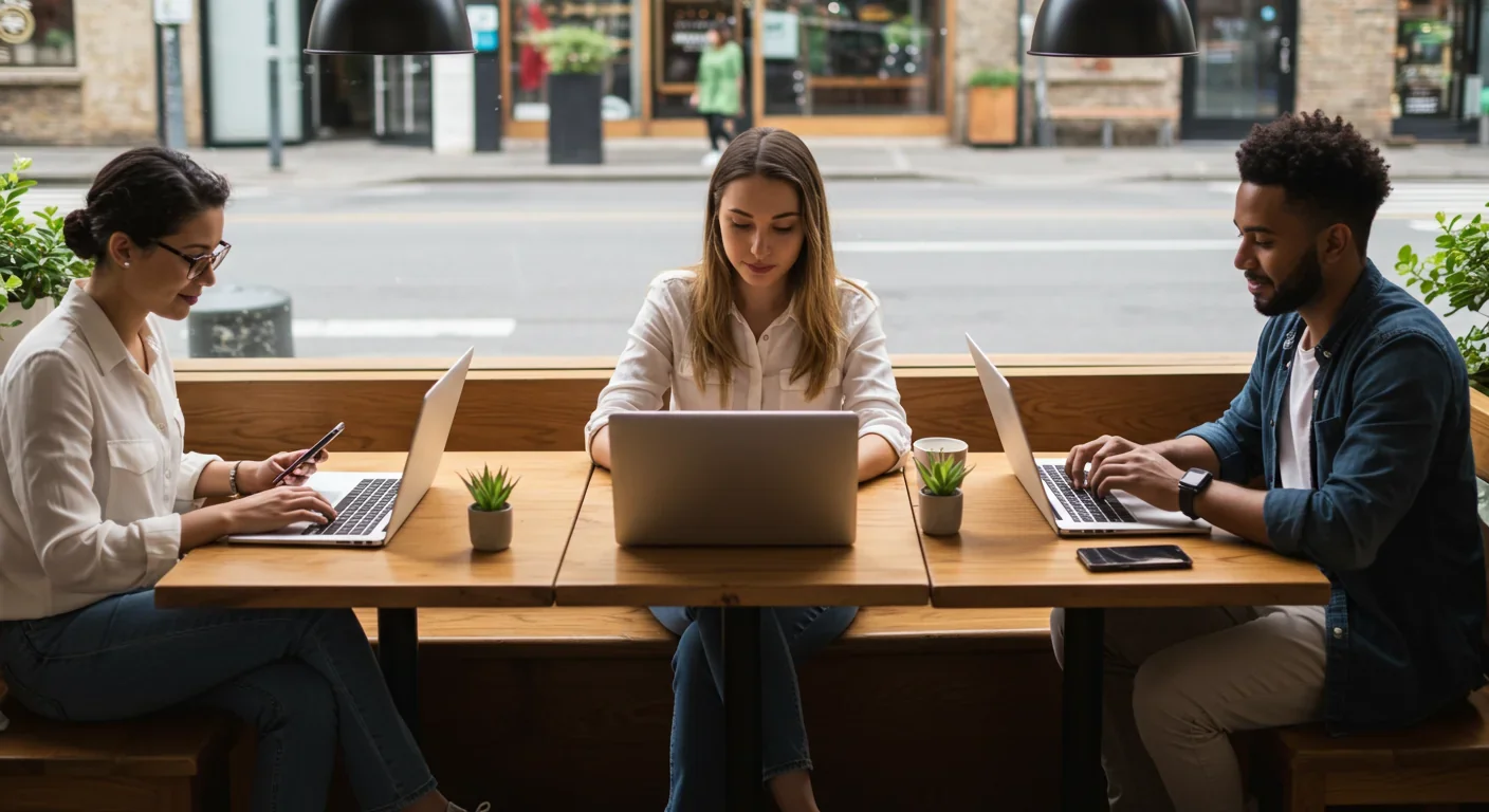 People at cafe focused on devices showing how digital interactions remove situational context