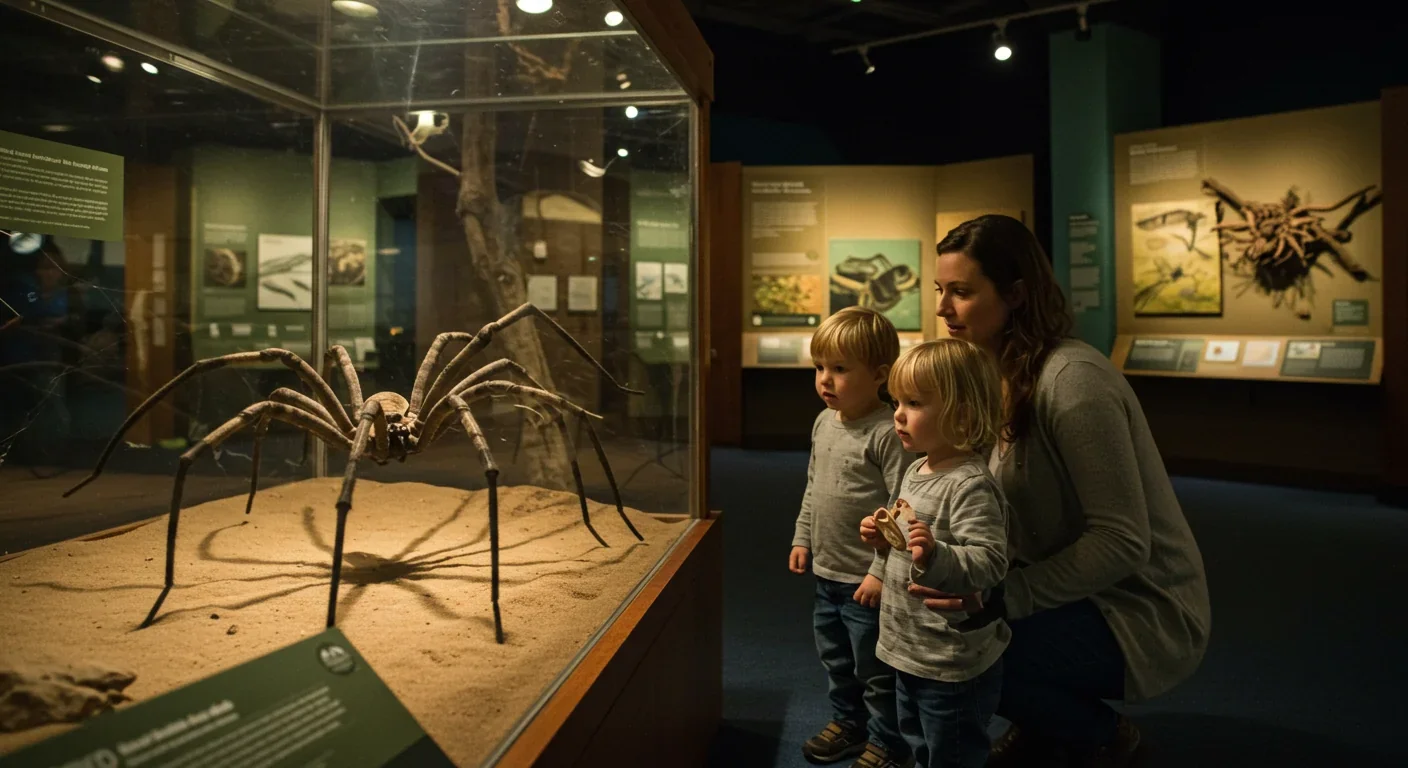 Mother and child observing a spider exhibit with calm, educational expressions, demonstrating positive fear modeling