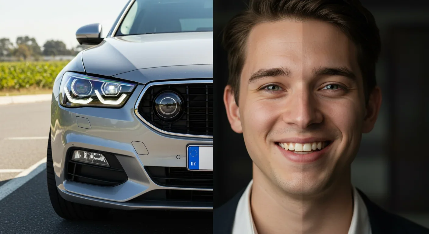 Car front grille resembling human face next to actual human face showing pareidolia in design