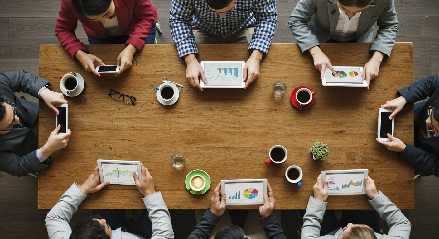 Group of people with devices at cafe illustrating modern perception and technology interaction