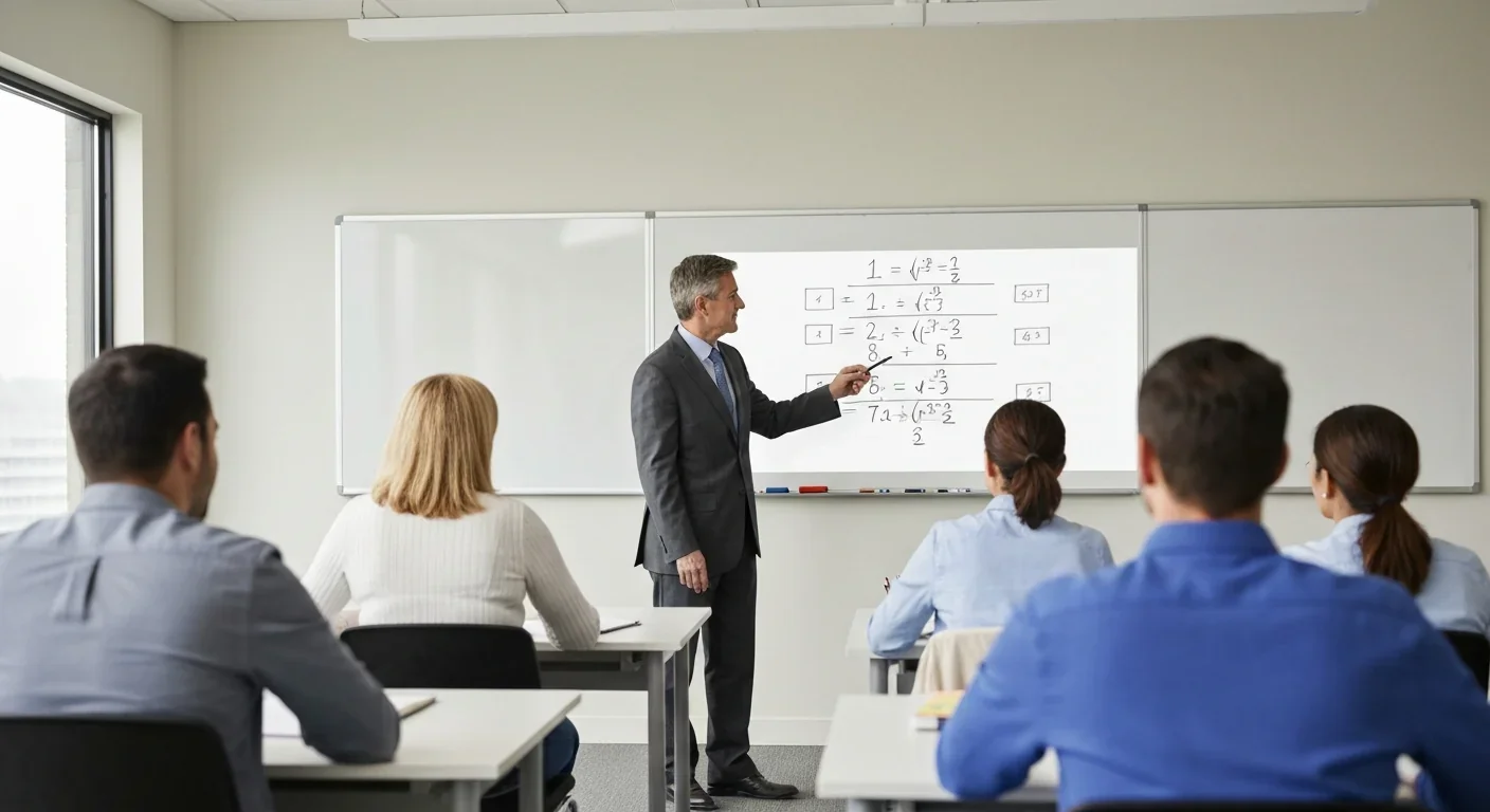Teacher demonstrating worked example problem-solving method on whiteboard to adult students