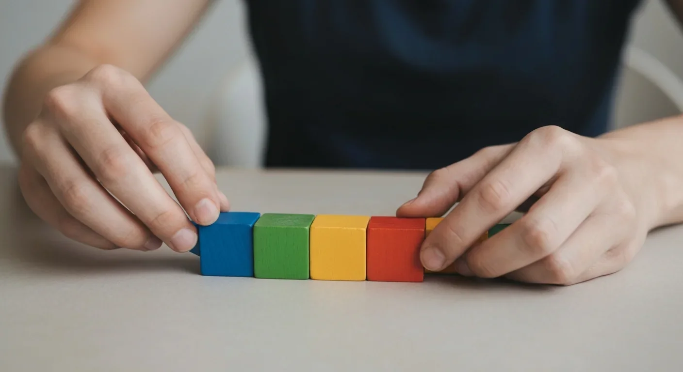 Hands grouping colorful blocks into sets of four representing working memory chunk limits