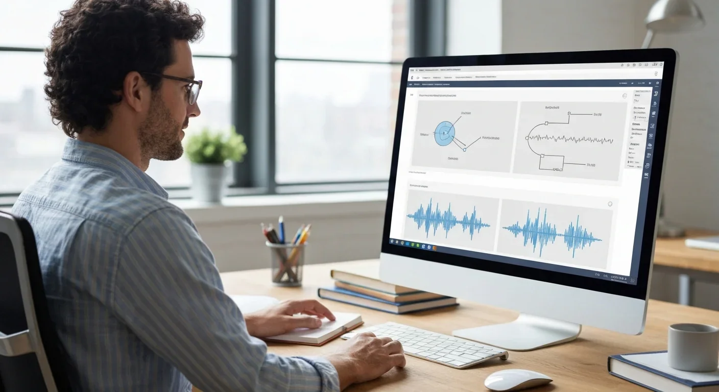 Adult using digital learning platform with combined visual and audio content channels